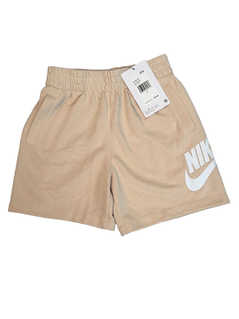 NWT Nike Toddler SandDrift Tan w White Logo Cotton Mix Shorts, 4T, NWT76L100-X5